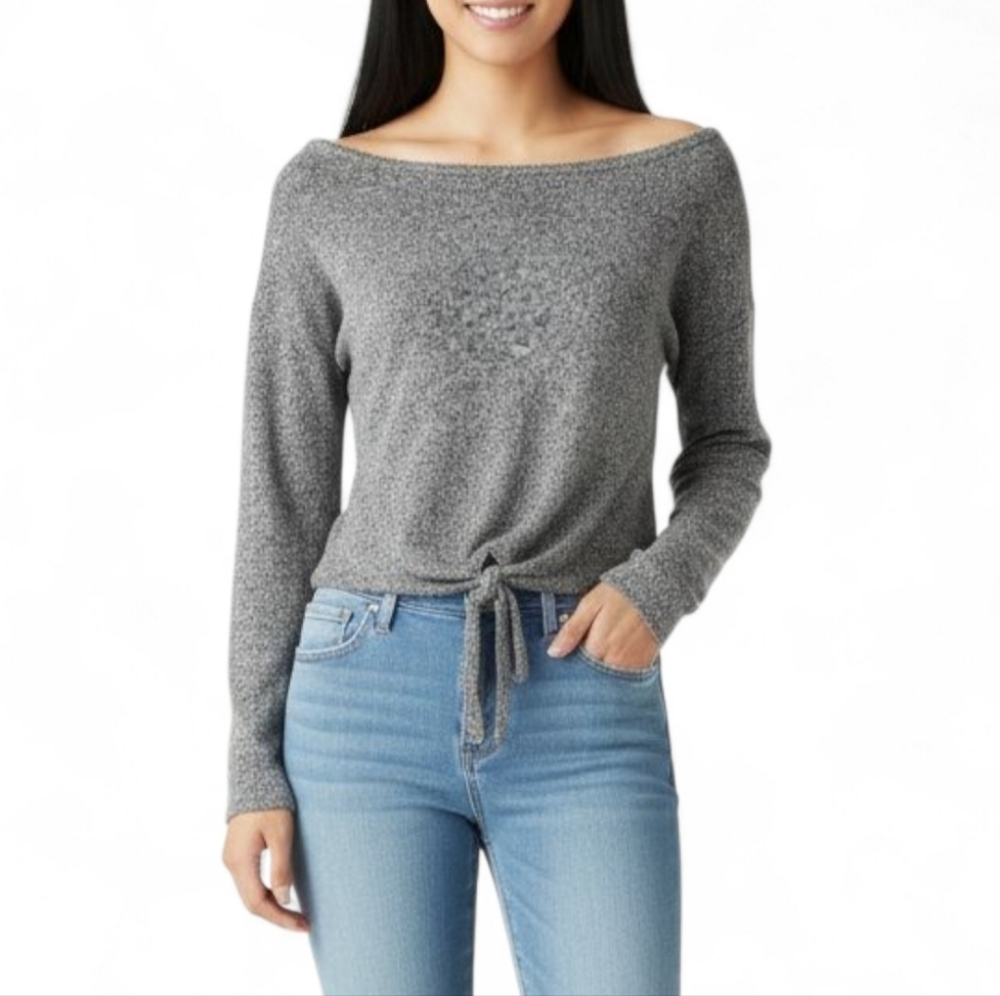 Absolutely Famous Gray Criss Cross Back Long Sleeve Tie Hem Top Women’s Size S